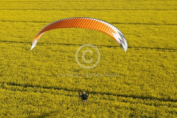 Paramoteur ULM survolant le colza